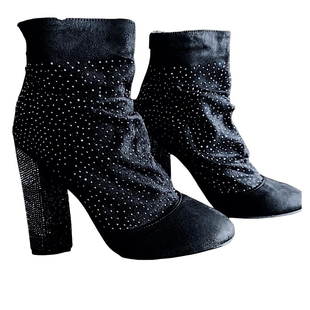 Atalina Black Suede Dress Bootie Womens Size 11 Round Toe Studded Block Heel - Picture 4 of 8